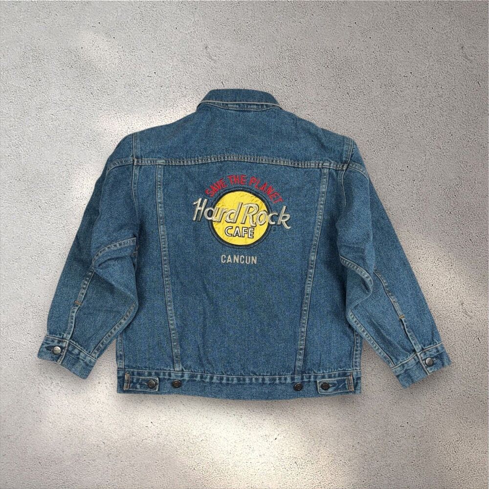 Vintage Hard Rock Cafe Cancun Denim Trucker Jacket Men's M Save The Planet Retro